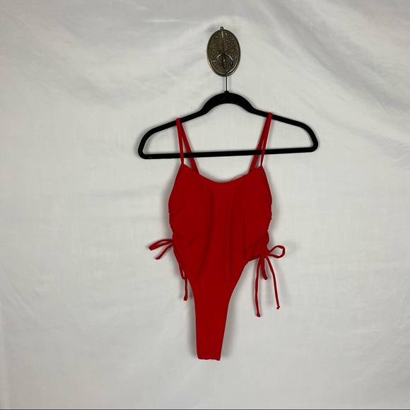 NWOT Red High Leg French Cut Ultra Cheeky Backless Tie Sides One Piece Swimsuit - Picture 2 of 8